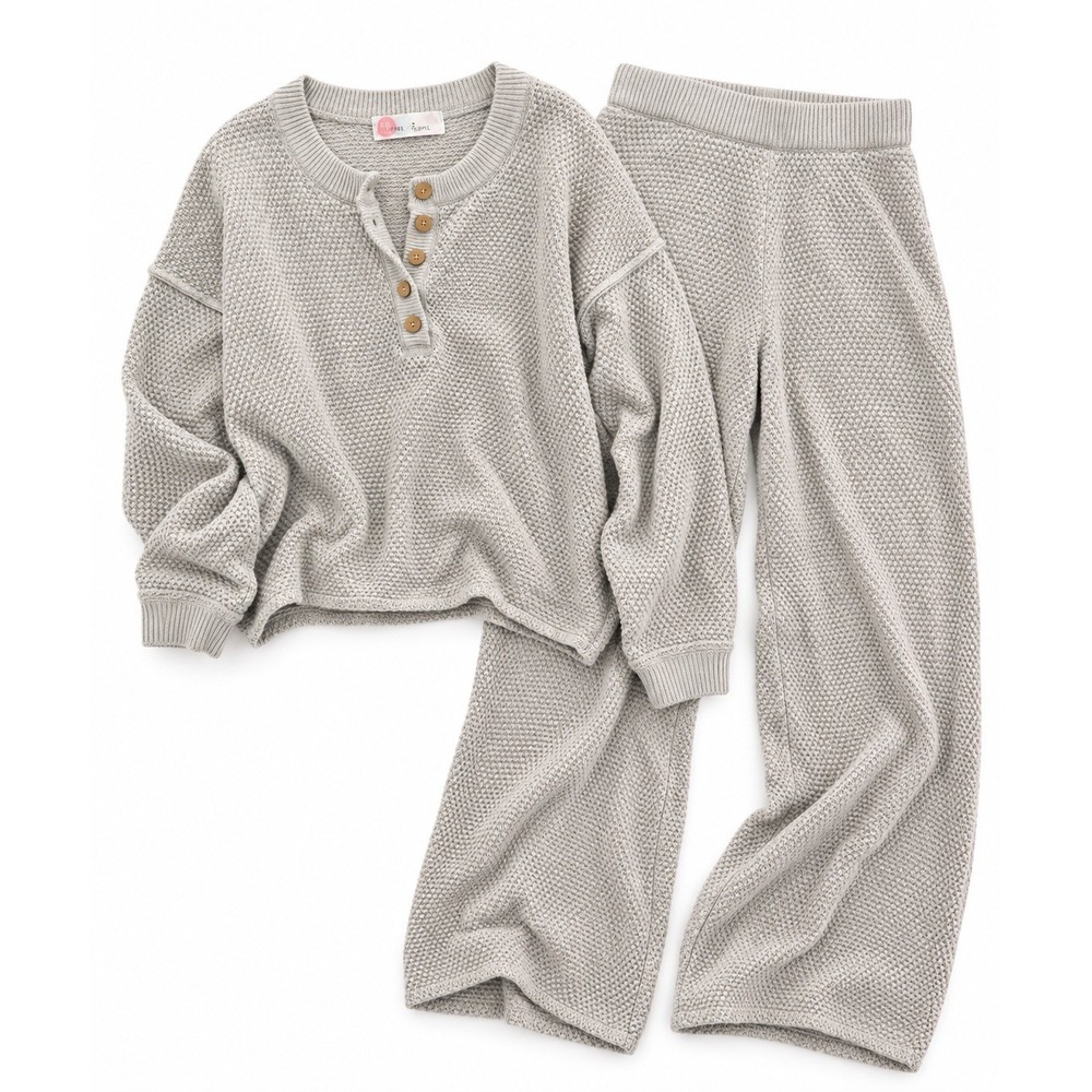 Free People FP Beach Hailee Set Waffle Knit Henley & Wide Leg Light Grey Medium - Picture 2 of 10